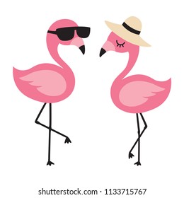 Vector illustration of cute flamingos wearing sunglasses and sun hat in summer.