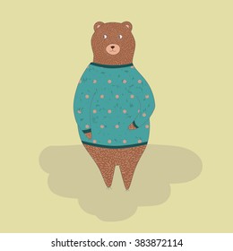 Vector illustration with cute,  flat, cartoon bear in a green sweater. Brown bear on a yellow background. 