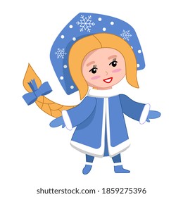 Vector illustration. cute flat icon girl wearing long blue coat with white fur. Snow Maiden (Snegurochka), traditional Russian Christmas character isolated on white background.