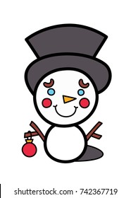 Vector illustration: cute flat Snowman icon with smiling face, cylinder hat, carrot nose and red Christmas tree toy for your Halloween design isolated on white background