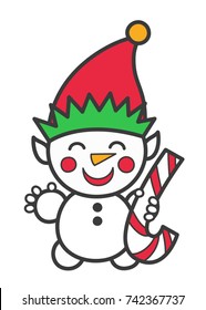 Vector illustration: cute flat Snowman icon with smiling face, red elf hat, carrot nose and lollipop stick for your Halloween design isolated on white background