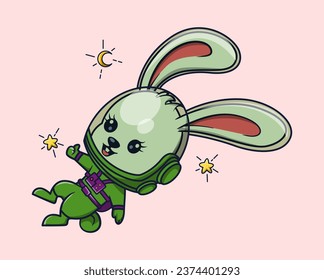 Ilustración vectorial del astronauta lindo conejito flotante. Vector Premium aislado .Concepto de icono de ciencia. Estilo de dibujo plano