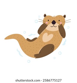 Vector illustration of cute floating otter character holding cheeks. Funny marine creature. Cartoon composition with adorable animal