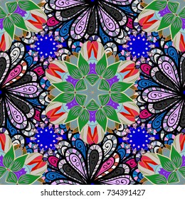 Vector illustration. Cute floral elements. Flowers on black, neutral and blue colors. Seamless.