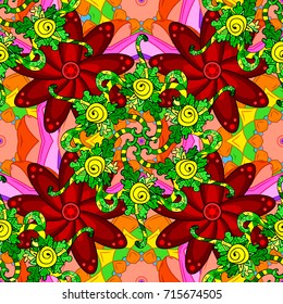 Vector illustration. Cute Floral pattern in the small flower. Flowers on orange, red and green background.