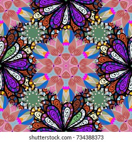 Vector illustration. Cute Floral pattern in the small flower. Flowers on black, pink and blue colors.