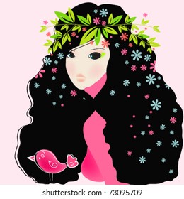 Vector illustration of cute floral spring girl with bird
