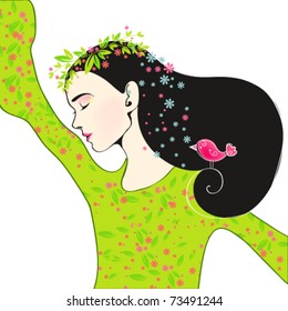 Vector illustration of cute floral spring girl with bird