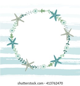  Vector illustration with cute floral wreath with starfishes.  Sea.Ocean. Vacation, holiday, travel, summer
