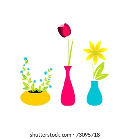 Vector illustration of cute flowers in vases