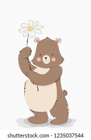 Vector illustration of cute fluffy bear isolated on white background. Graphic hand drawing bear with a flower, greeting card design, decor for nursery baby room. Wallpaper, apparel, invitation, poster