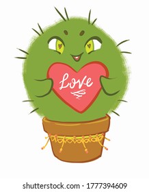 ilustración vectorial de un cactus lindo y esponjoso con agujas, en una olla de ladrillo con un corazón rosa brillante, feliz día de San Valentín, amor