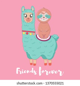 Vector Illustration of cute fluffy cartoon llama or alpaca and sloth. Best friends. Childish print for fabric, t-shirt, poster, cards, invitations, cases, pattern, patch and sticker