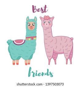 Vector Illustration of cute fluffy cartoon llama and alpaca . Best friends. Childish print for fabric, t-shirt, poster, cards, invitations, cases, pattern, patch and sticker
