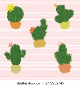 vector illustration of cute fluffy  green cactuses on a pink background with flowers hand draw