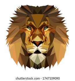Vector illustration cute fluffy mane lion face in Low Poly style in yellow, orange and brown colours isolated on white background.