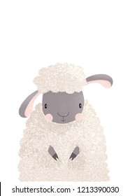 Vector illustration of cute fluffy sheep isolated on white background. Graphic hand drawing lamb pet animal of greeting card for kids, decor for nursery baby room. Wallpaper, apparel, invitation.