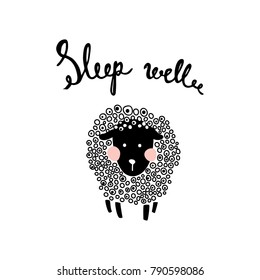 vector illustration of a cute fluffy sheep and sleep well hand lettering text