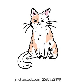 Vector illustration with a cute fluffy sitting white and orange cat with a sweet smile and a long mustache. Funny pet Kawaii sticker on white background