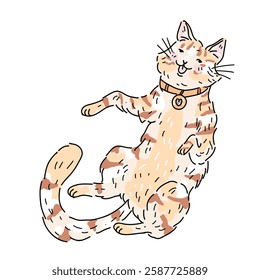 Vector illustration of a cute fluffy sleeping tabby cat with tricolor coloring and protruding tongue. Funny pet Kawaii sticker on white background