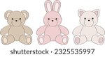 Vector illustration of cute fluffy stuffed animals of bear, rabbit and cat