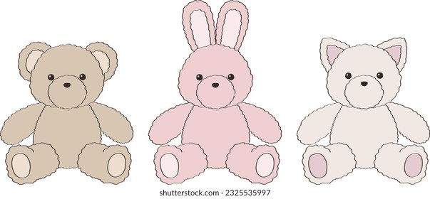 Vector illustration of cute fluffy stuffed animals of bear, rabbit and cat