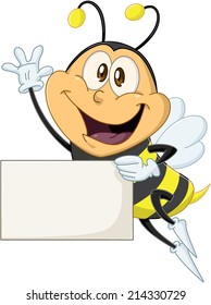 Vector illustration of a cute flying bee holds sign and waves 