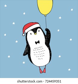 Vector illustration of cute flying black and white toy penguin with balloon, christmas cap, bow in the sky with stars. Good night. Freehand picture drawn with pen. Can be used as card, poster, banner