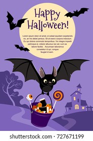 Vector illustration of a cute flying black bat carrying a bucket filled with candy, on purple background with a tree and haunted house in the distance and full moon. Blank template for Halloween theme