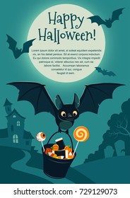 Vector illustration of a cute flying black bat carrying a bucket filled with candy, on aqua blue background with forest, graveyard, haunted house and full moon. Blank template for Halloween theme