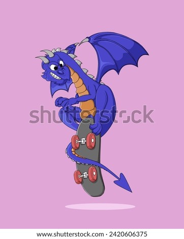 vector illustration of cute flying dragon take a skateboard. dragon fly skate. perfect for child books illustration, kids wear, sticker, icon, logo, etc