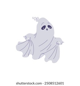 Vector illustration with a cute flying ghost holding onto the hem of his suit on a white background. Festive funny sticker is perfect for Halloween decoration