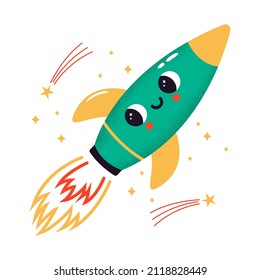 Vector illustration of cute flying rocket with face expression. Space ship in cartoon style. Colorful futuristic object with texture. Startup concept
