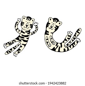 Vector illustration, Cute flying tigers. Wild animal. Symbol of 2022. cute animal character idea for child and kid printable stuff and t shirt, greeting card, postcard. 