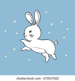 Vector illustration of cute flying white toy bunny with long ears, lovely muzzle in night sky with stars. Profile view. Freehand doodle picture drawn with pen. Can be used as card, poster or banner