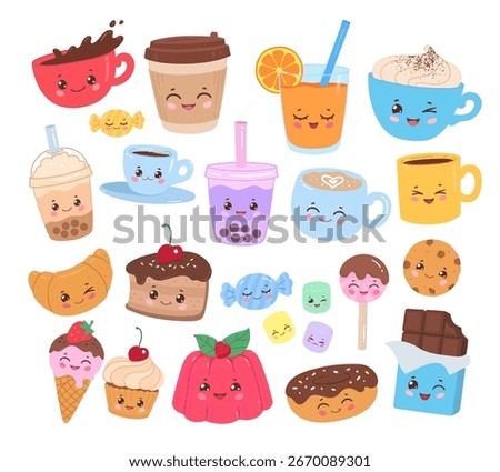 Vector illustration of cute food and drink characters in color. Collection includes desserts, coffee, bubble tea, and candy.