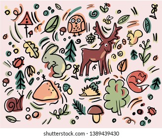 Vector illustration with the cute forest animals. Fox, dancing owl, little hedgehog and rabbit on the flowers and trees background.