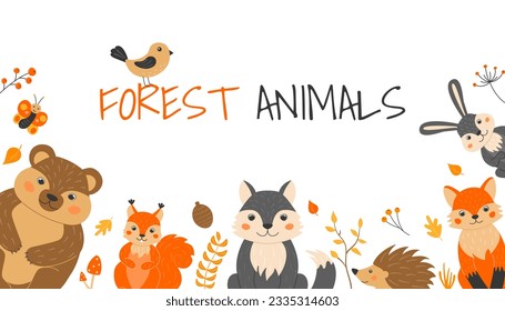 Vector illustration with cute forest animals and plants in cartoon style. Fox, wolf, bear, hedgehog, hare, squirrel.