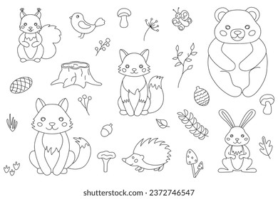 Vector illustration with cute forest animals in the style of linart. Squirrel, fox, wolf, bear, hedgehog, butterfly, bird. Twigs, cones, acorns, leaves, grass. Isolated on a white background.