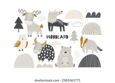 Vector illustration of cute forest animals. Deer, wolf, bear, owl, yak, badger. Landscape elements: Christmas tree, mountains, hills, clouds. Woodland. Wild animals cartoon illustration for children. 