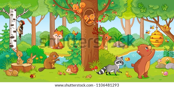 子ども向けのかわいい森の動物を描いたベクターイラスト 森の哺乳類のセット 子どものスタイルのコレクションです のベクター画像素材 ロイヤリティフリー