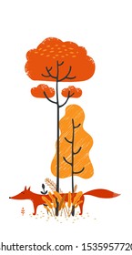 Vector illustration of cute  Fox in the autumn forest, flat cartoon design.