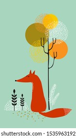 Vector illustration of cute  Fox in the autumn forest, flat design