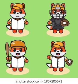 Vector illustration of cute Fox Baseball cartoon. Cute Fox expression character design bundle.