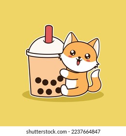 Vector Illustration Cute Fox With Bubble Tea