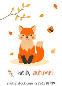 Vector illustration with cute fox, butterfly and leaf fall in cartoon style. Forest animals and plants. Hello autumn. Poster in A4 format.