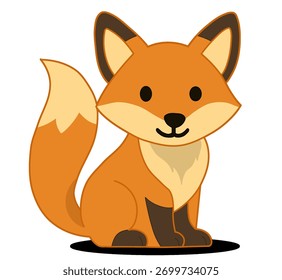 Vector illustration of a cute fox in cartoon style, sitting facing forward with its tail raised