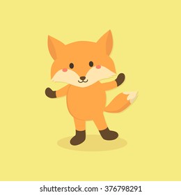 Vector illustration of cute fox cartoon character standing in orange background. 