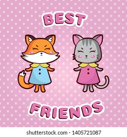 Vector illustration. Cute fox and cat. Best friends
