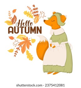 Vector illustration with cute fox character, lettering and autumn leaves isolated on white background. Illustration for Thanksgiving greeting card, invitation template, poster